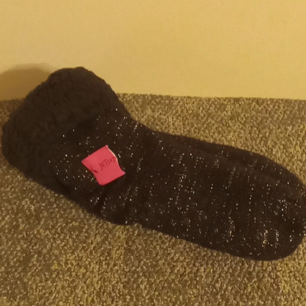 Betsey Johnson black shimmer slipper socks slide resistant bottom comfy …